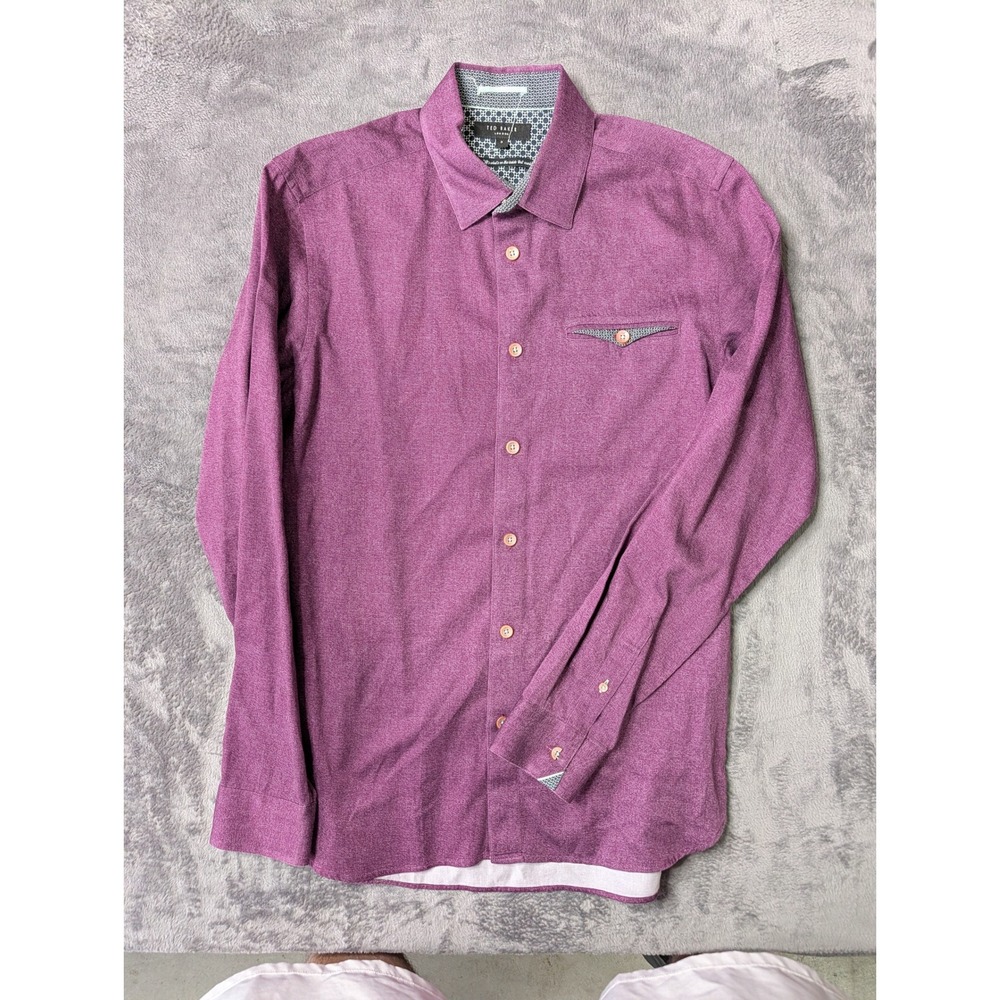 Ted Baker London Mens Purple Textured Cotton Button Down Shirt Size 3 TA7M/GA87